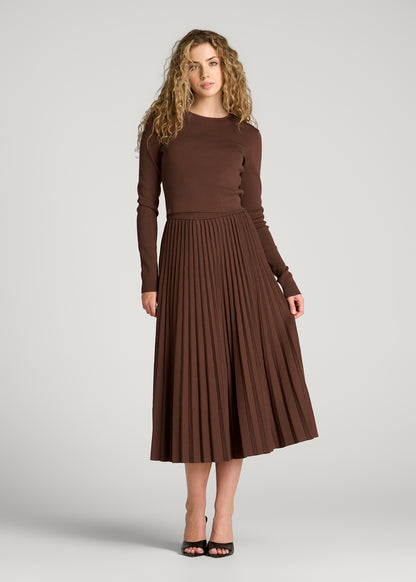 Structured Knit Pleated Midi Skirt for Tall Women in Deep Caramel