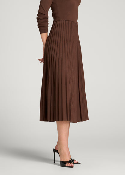 Structured Knit Pleated Midi Skirt for Tall Women in Deep Caramel