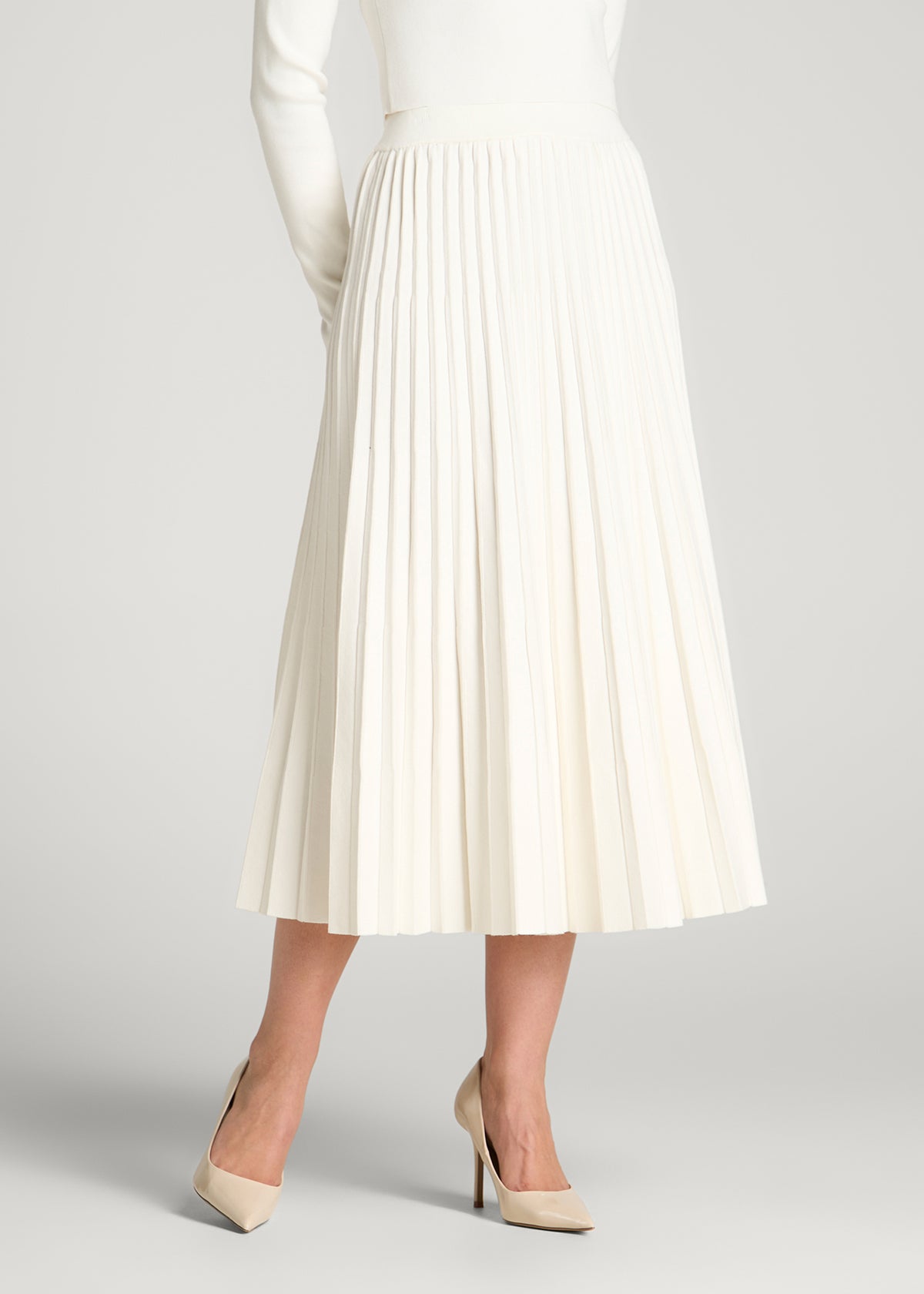 Structured Knit Pleated Midi Skirt for Tall Women in White Alyssum