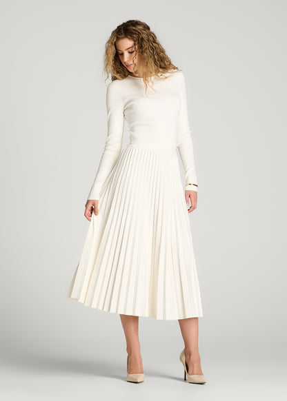 Structured Knit Pleated Midi Skirt for Tall Women in White Alyssum