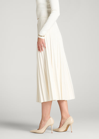Structured Knit Pleated Midi Skirt for Tall Women in White Alyssum