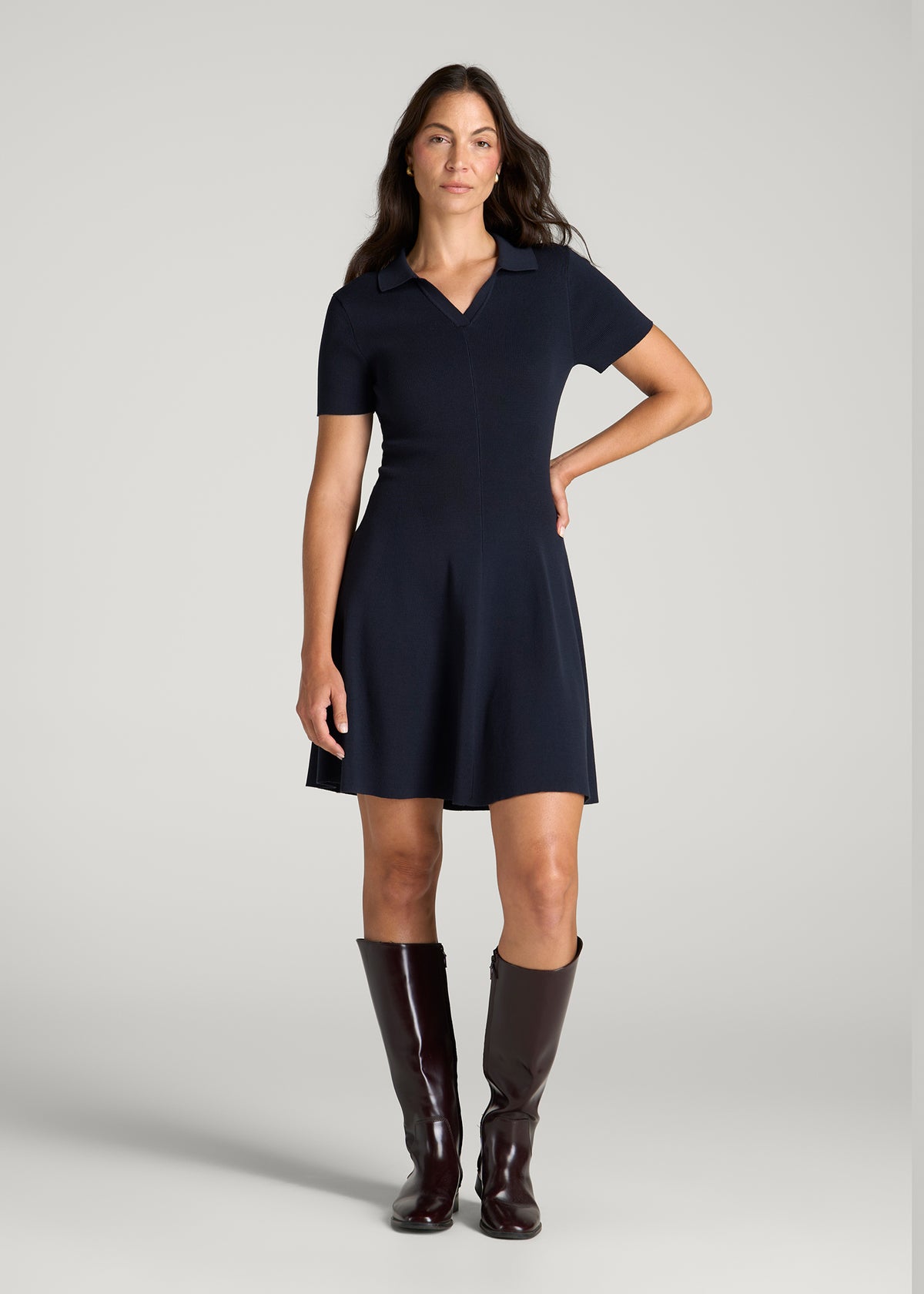 Structured Knit Short Sleeve Polo Dress for Tall Women in Royal Navy