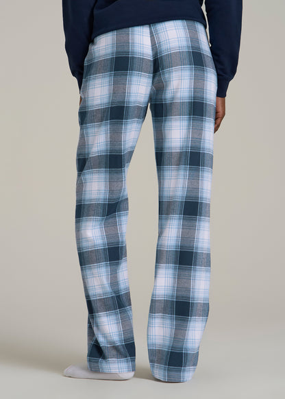 Tie Waist Flannel Pajama Pants for Tall Women in Blue and White Plaid