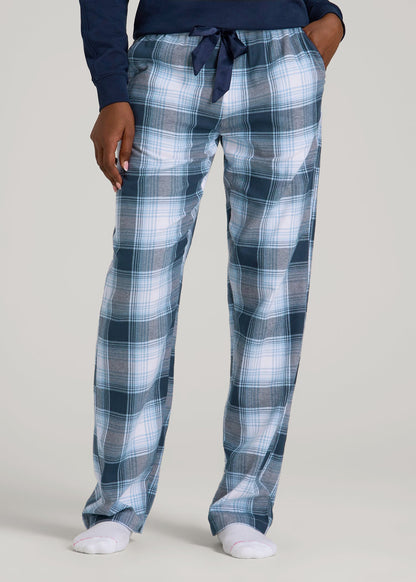 Tie Waist Flannel Pajama Pants for Tall Women in Blue and White Plaid