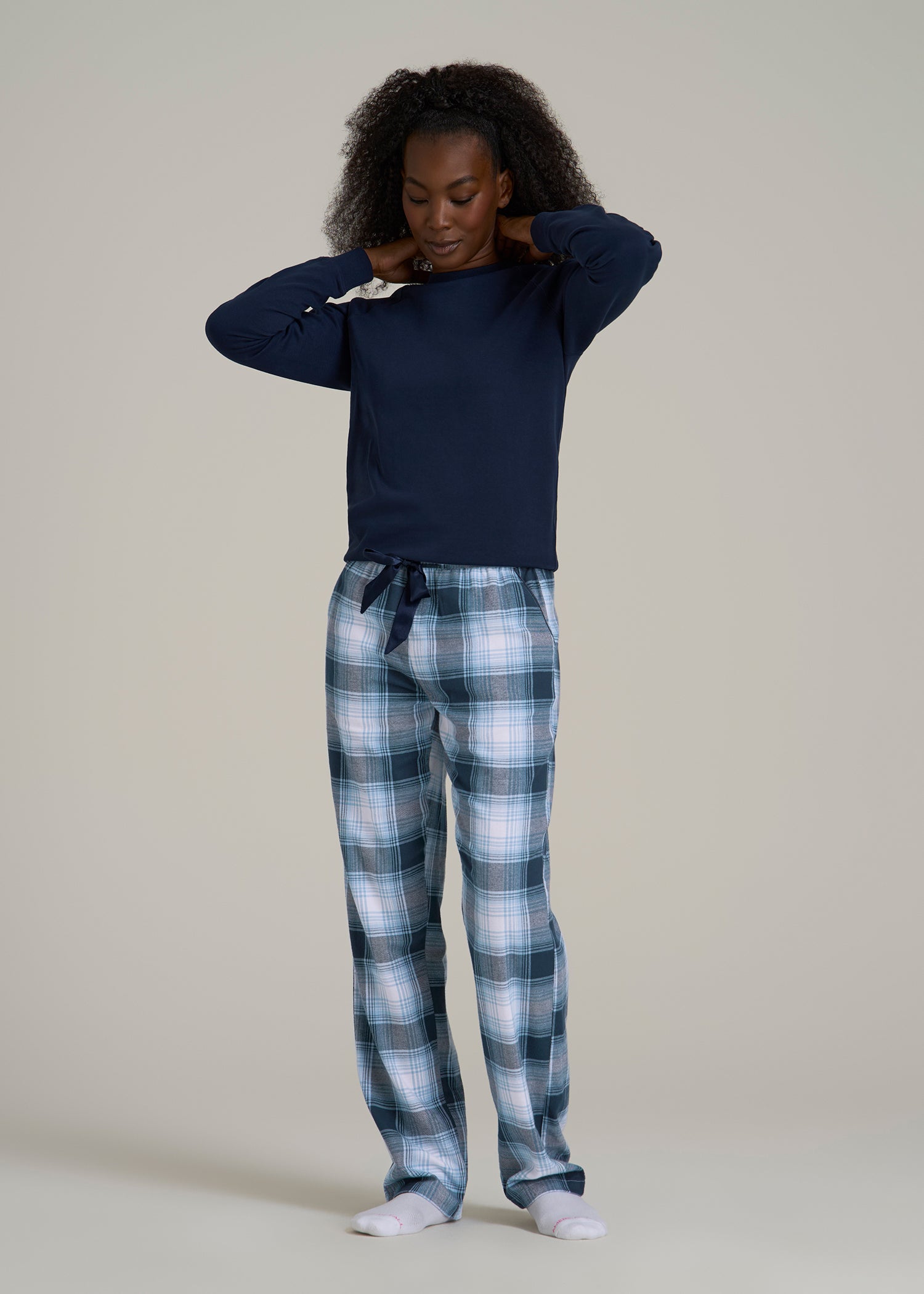 Tie Waist Flannel Pajama Pants for Tall Women in Blue and White Plaid