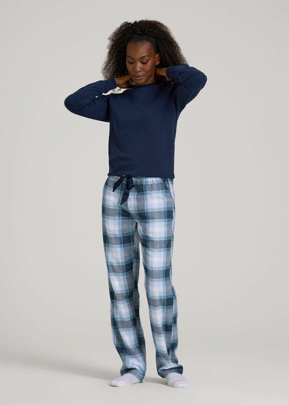 Tie Waist Flannel Pajama Pants for Tall Women in Blue and White Plaid