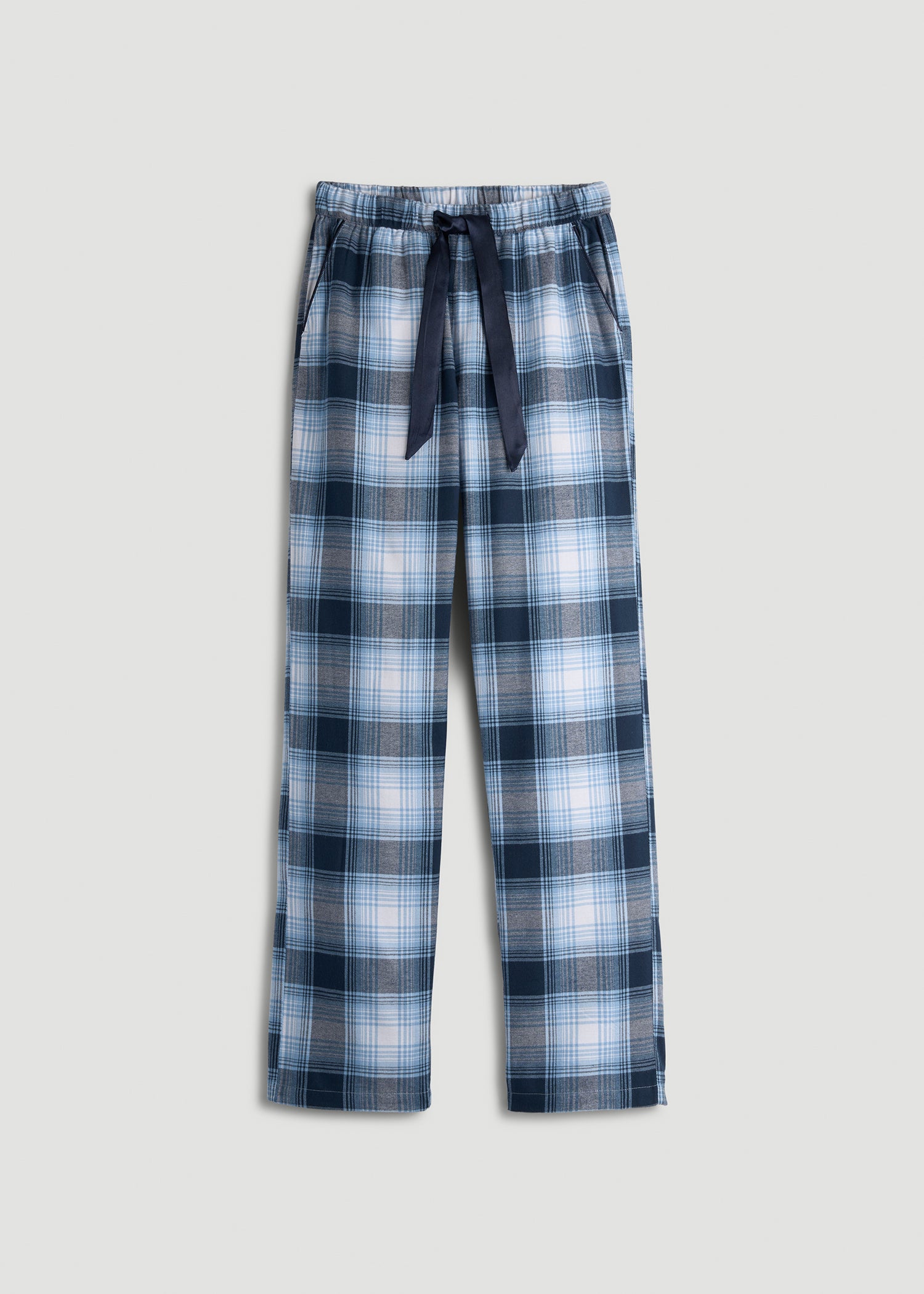 Tie Waist Flannel Pajama Pants for Tall Women in Blue and White Plaid