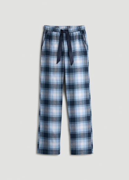 Tie Waist Flannel Pajama Pants for Tall Women in Blue and White Plaid