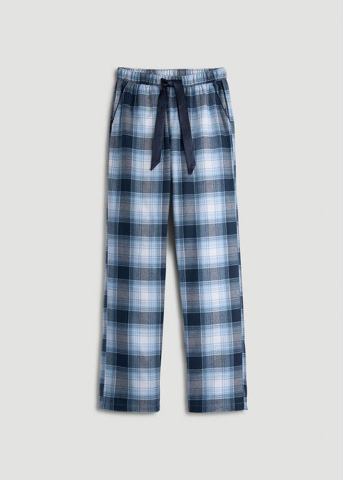 Tie Waist Flannel Pajama Pants for Tall Women in Blue and White Plaid