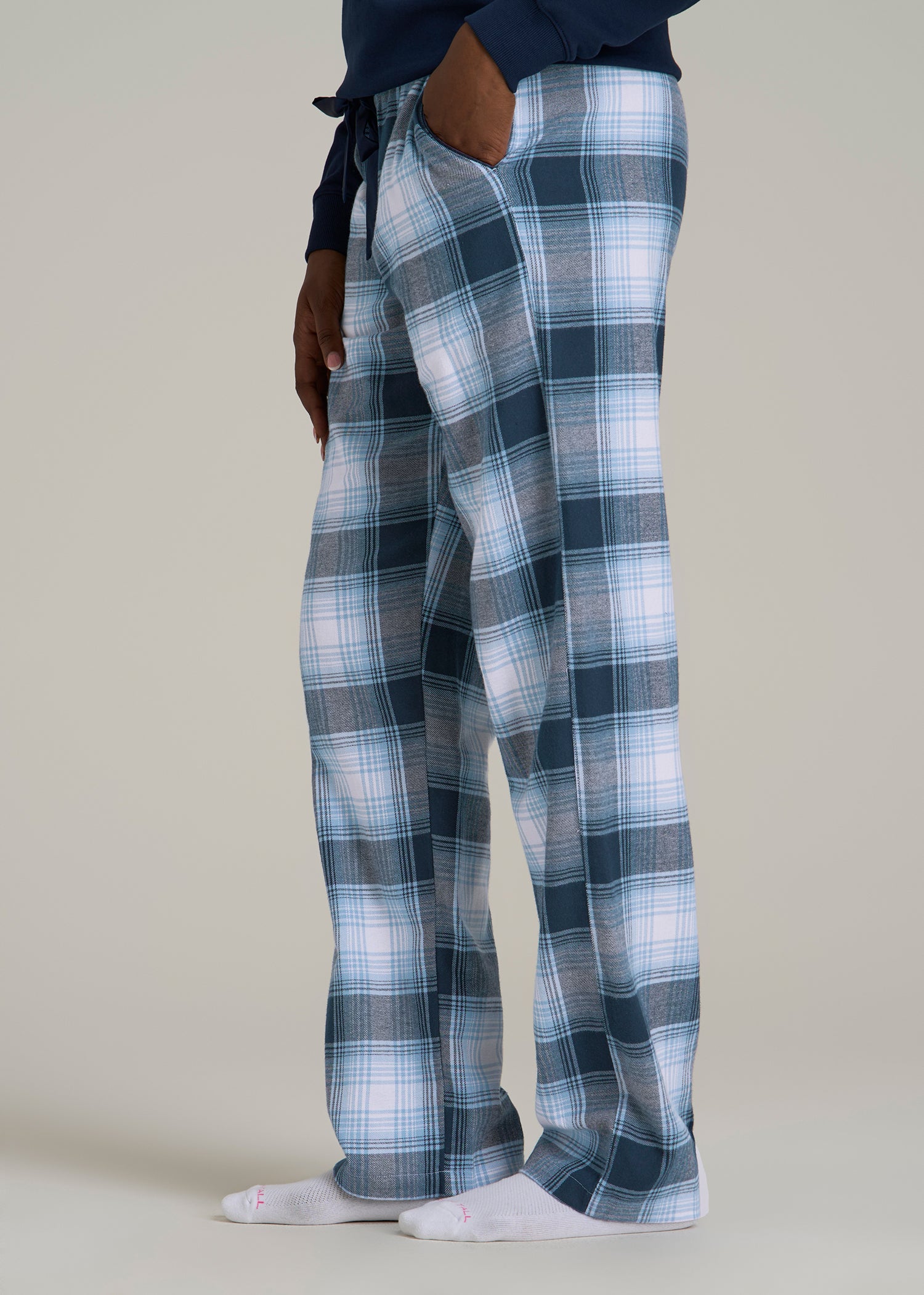 Tie Waist Flannel Pajama Pants for Tall Women in Blue and White Plaid