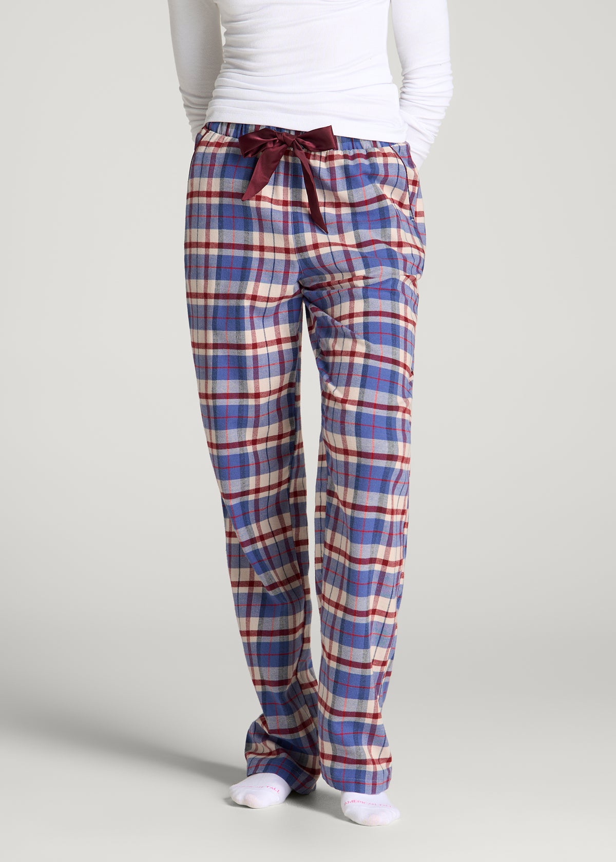 Tie Waist Flannel Pajama Pants for Tall Women in Cobalt and Red Plaid