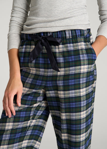 Tie Waist Flannel Pajama Pants for Tall Women in Deep Forest Plaid
