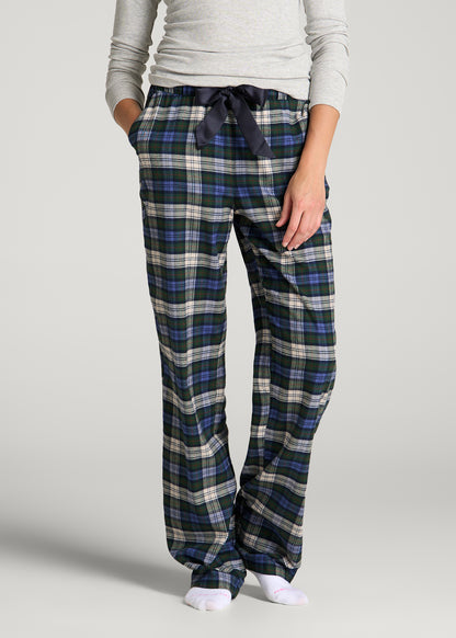 Tie Waist Flannel Pajama Pants for Tall Women in Deep Forest Plaid