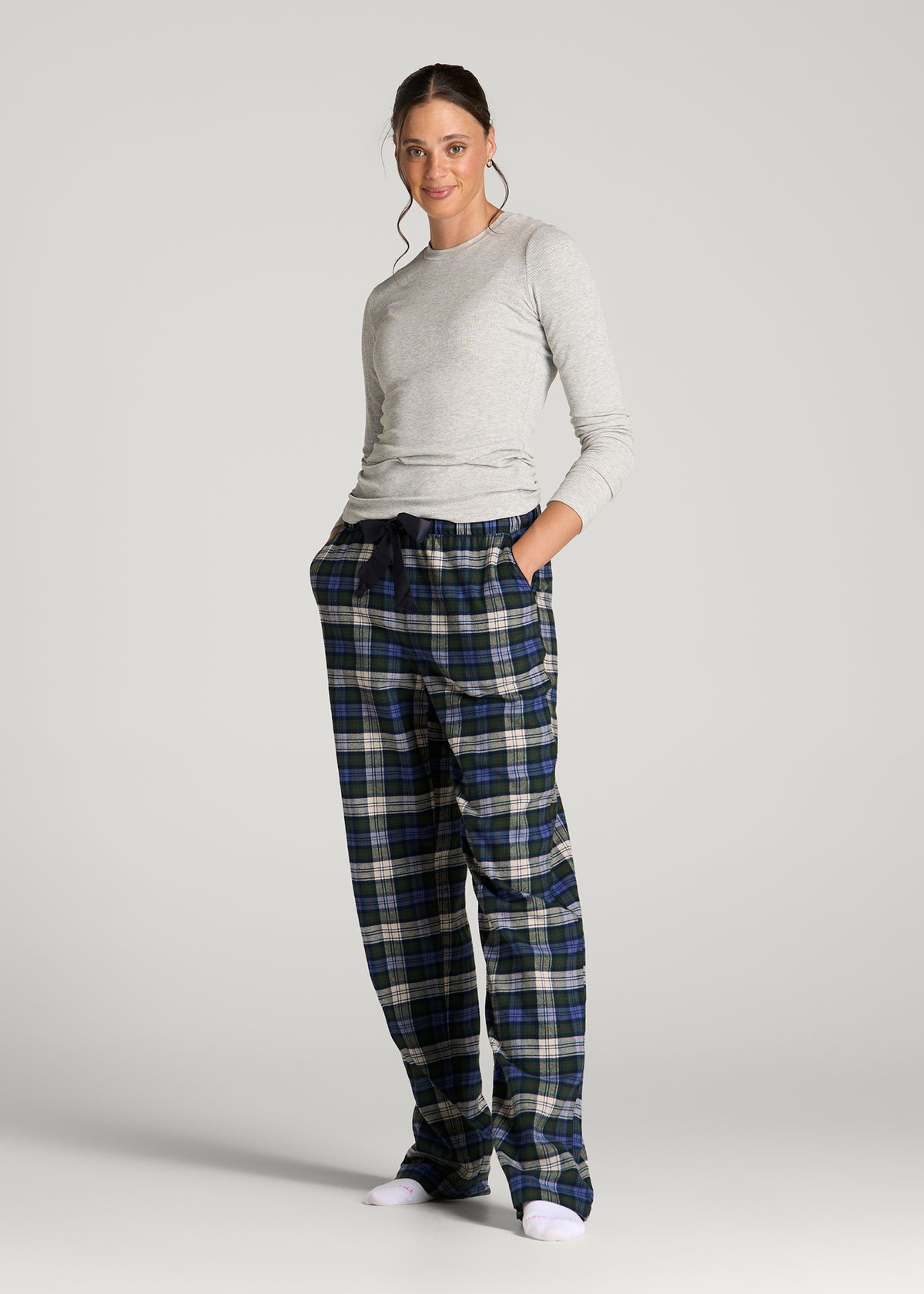 Tie Waist Flannel Pajama Pants for Tall Women in Deep Forest Plaid
