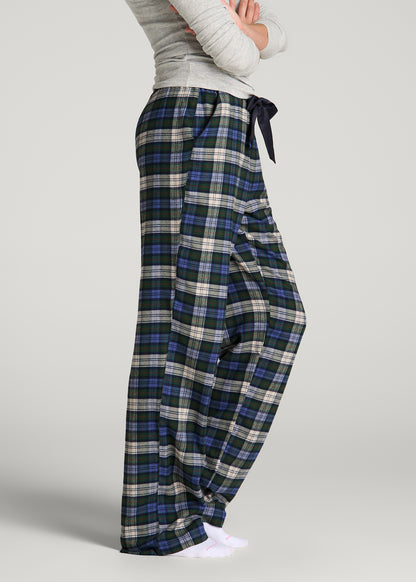 Tie Waist Flannel Pajama Pants for Tall Women in Deep Forest Plaid
