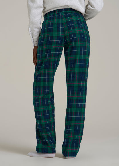 Tie Waist Flannel Pajama Pants for Tall Women in Green and Blue Plaid