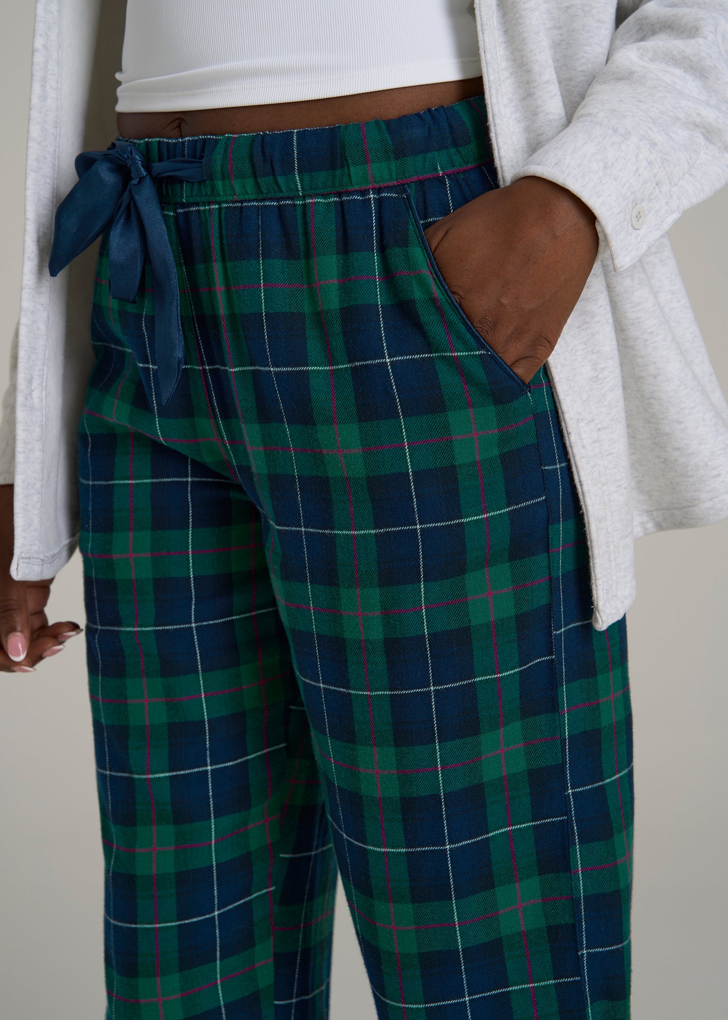 Tie Waist Flannel Pajama Pants for Tall Women in Green and Blue Plaid