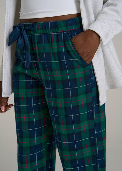 Tie Waist Flannel Pajama Pants for Tall Women in Green and Blue Plaid