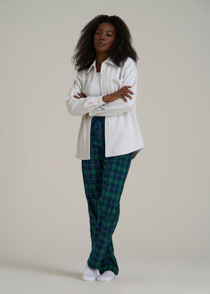 Tie Waist Flannel Pajama Pants for Tall Women in Green and Blue Plaid