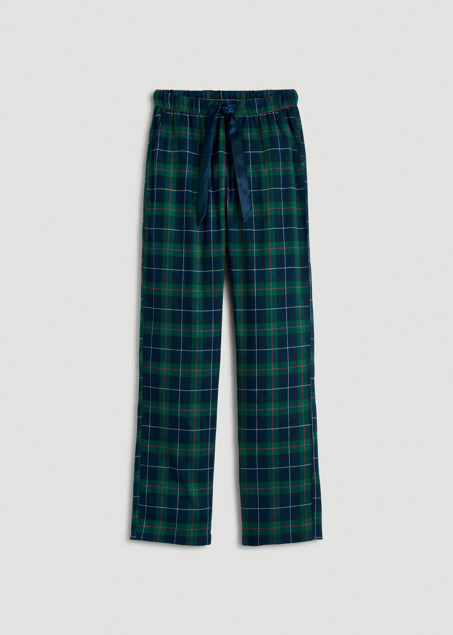 Tie Waist Flannel Pajama Pants for Tall Women in Green and Blue Plaid