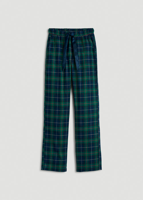 Tie Waist Flannel Pajama Pants for Tall Women in Green and Blue Plaid
