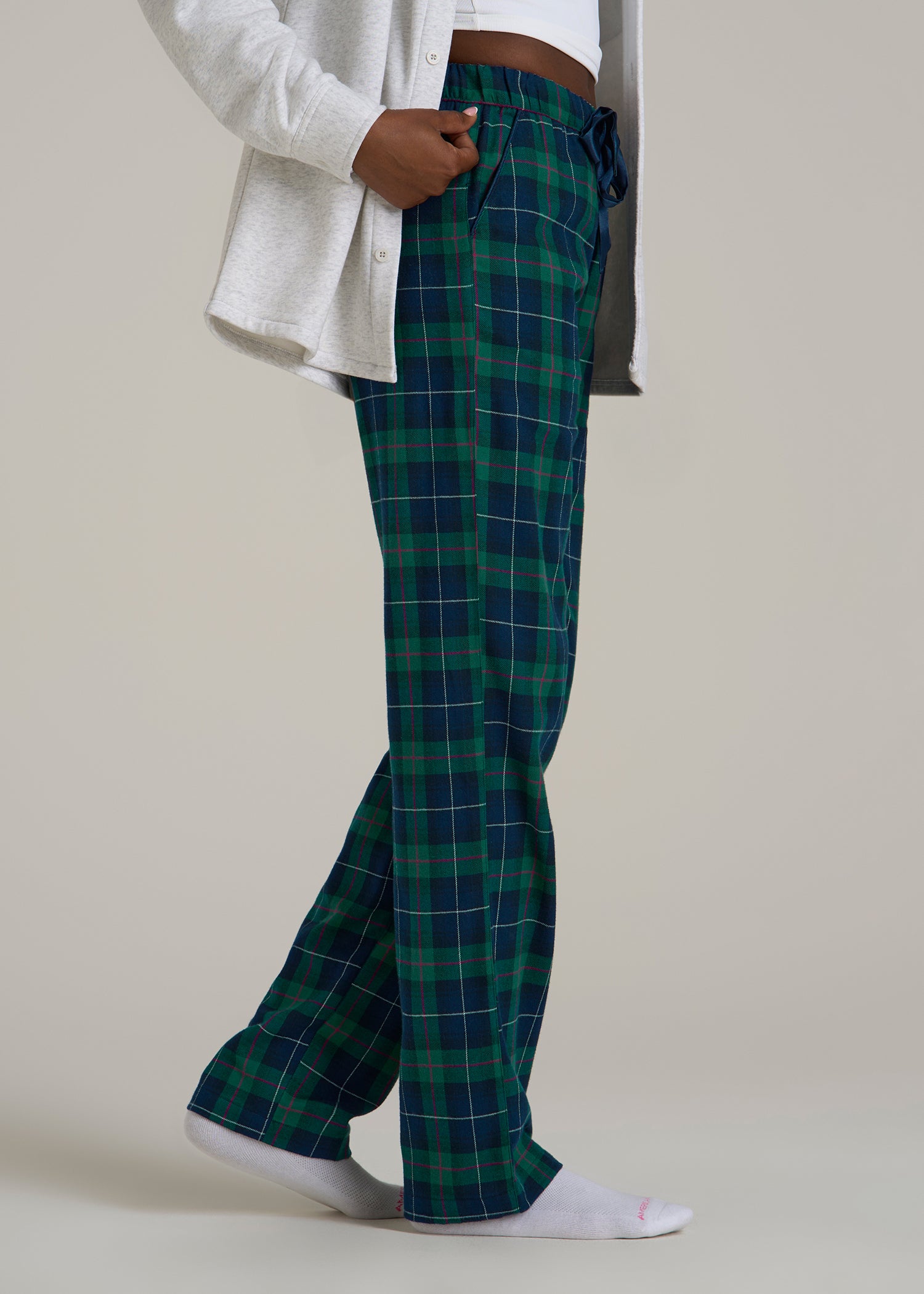 Tie Waist Flannel Pajama Pants for Tall Women in Green and Blue Plaid