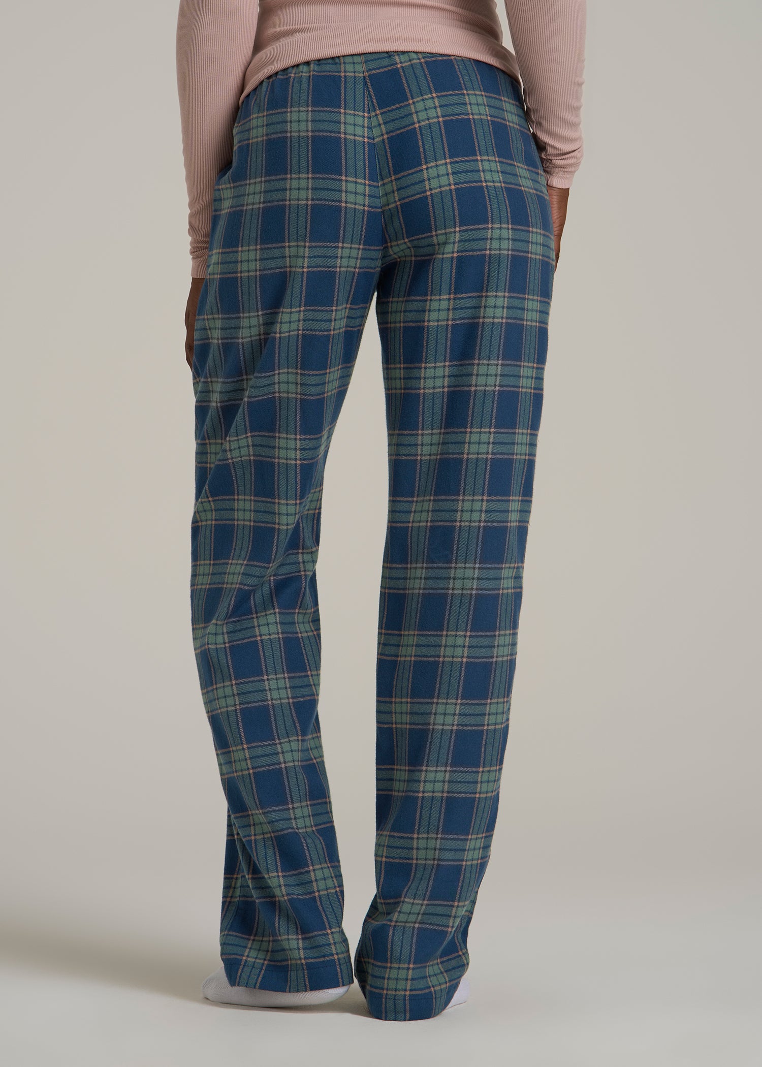 Tie Waist Flannel Pajama Pants for Tall Women in Navy and Balsam Green Plaid