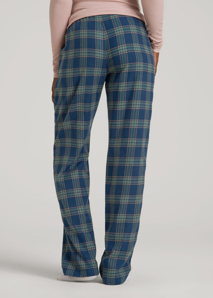 Tie Waist Flannel Pajama Pants for Tall Women in Navy and Balsam Green Plaid
