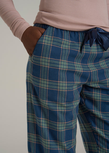 Tie Waist Flannel Pajama Pants for Tall Women in Navy and Balsam Green Plaid