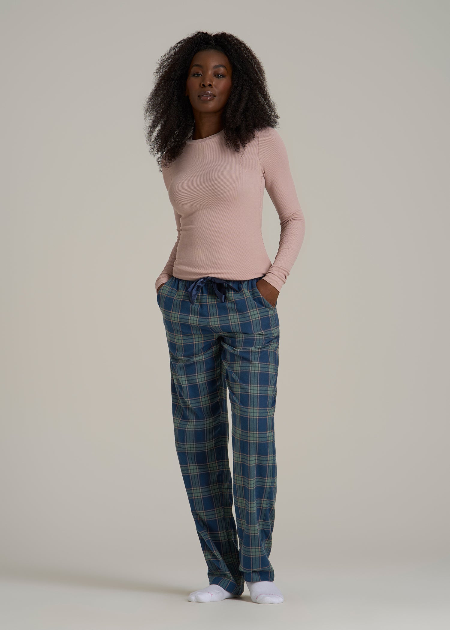 Tie Waist Flannel Pajama Pants for Tall Women in Navy and Balsam Green Plaid