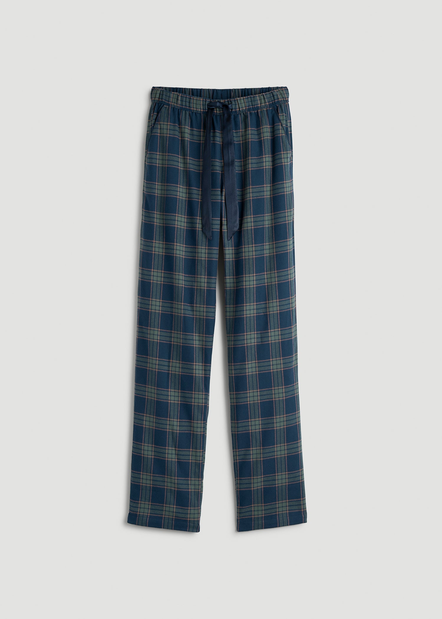 Tie Waist Flannel Pajama Pants for Tall Women in Navy and Balsam Green Plaid