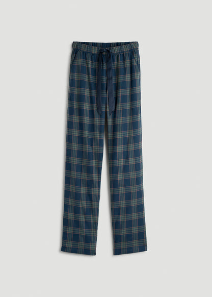 Tie Waist Flannel Pajama Pants for Tall Women in Navy and Balsam Green Plaid