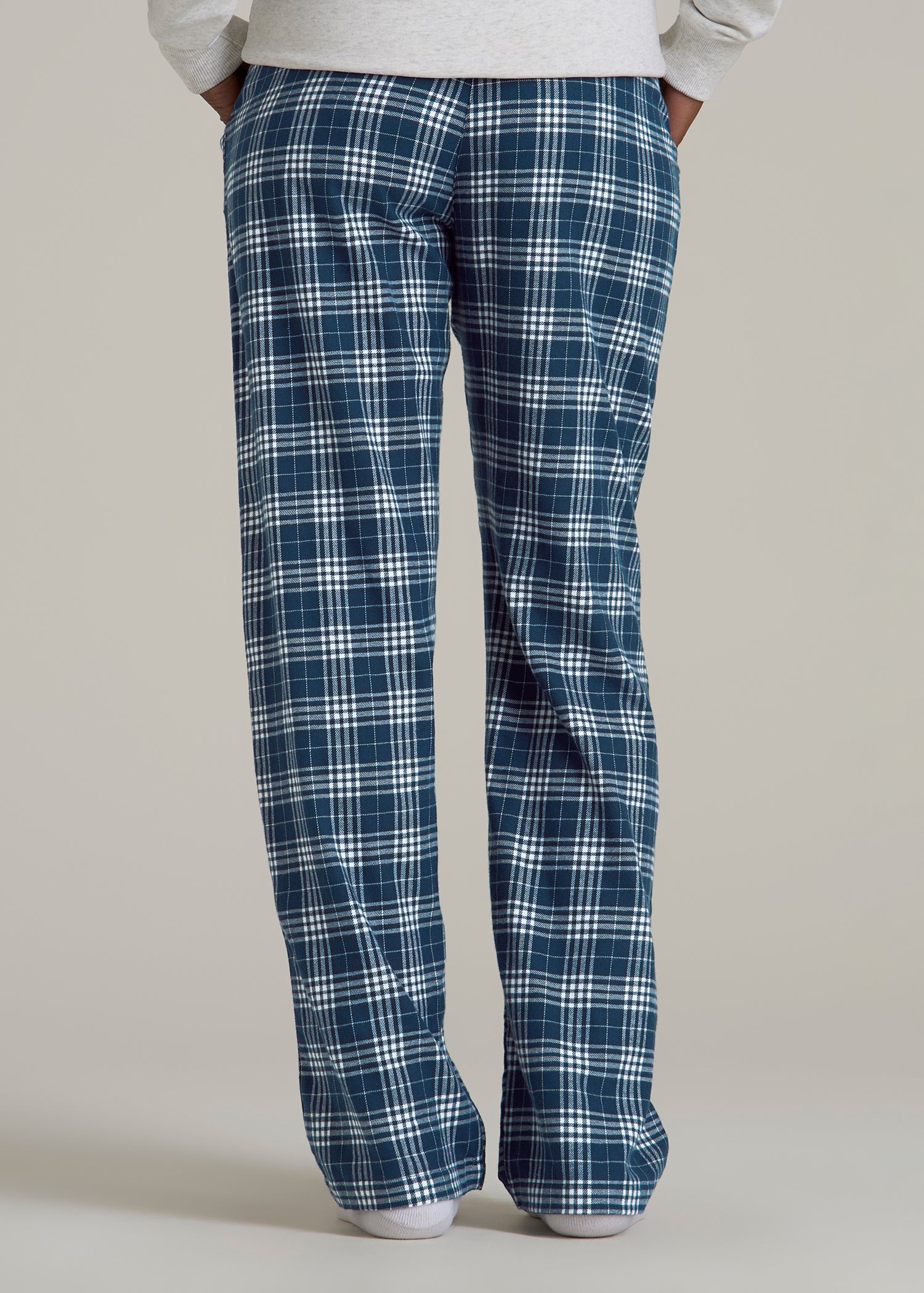 Tie Waist Flannel Pajama Pants for Tall Women in Navy and White Plaid