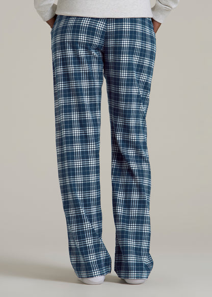 Tie Waist Flannel Pajama Pants for Tall Women in Navy and White Plaid