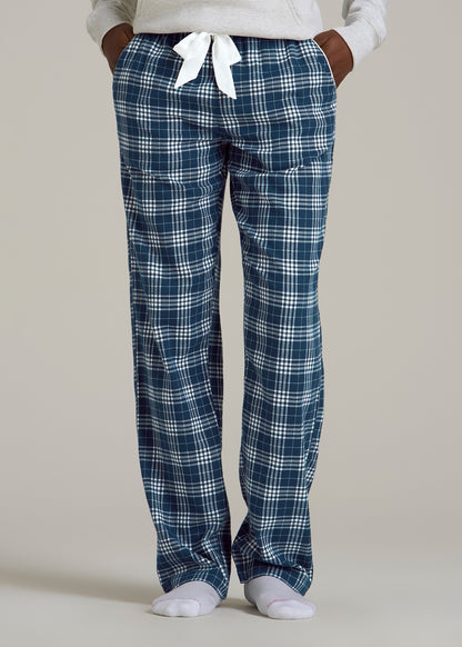 Tie Waist Flannel Pajama Pants for Tall Women in Navy and White Plaid