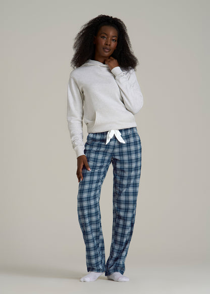 Tie Waist Flannel Pajama Pants for Tall Women in Navy and White Plaid