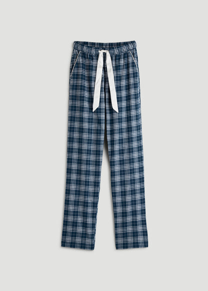 Tie Waist Flannel Pajama Pants for Tall Women in Navy and White Plaid