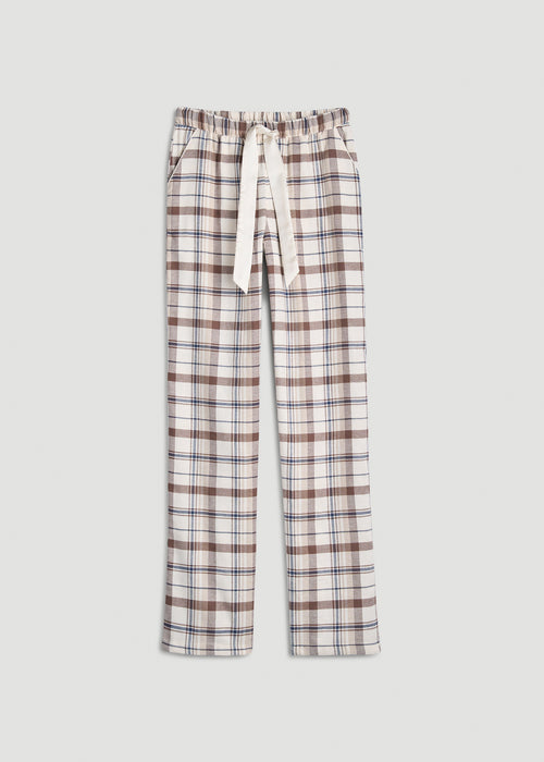Tie Waist Flannel Pajama Pants for Tall Women in White Sand and Taupe Plaid