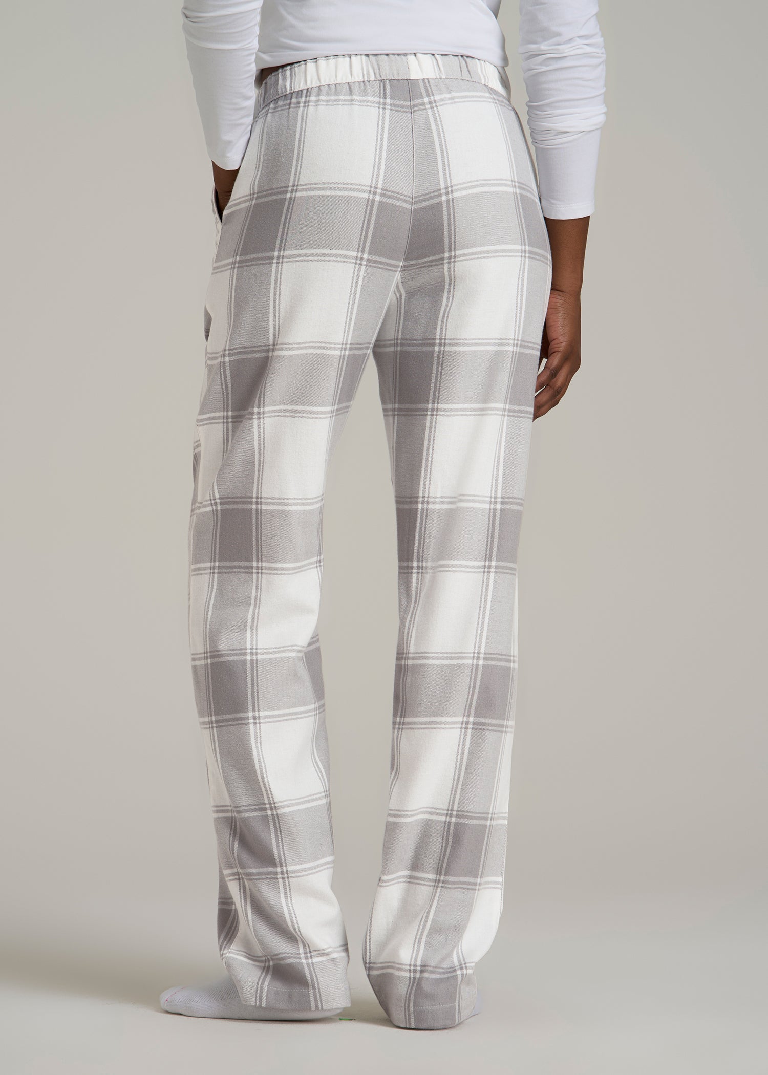 Tie-Waist Flannel Pajama Pants for Tall Women in White and Grey Plaid