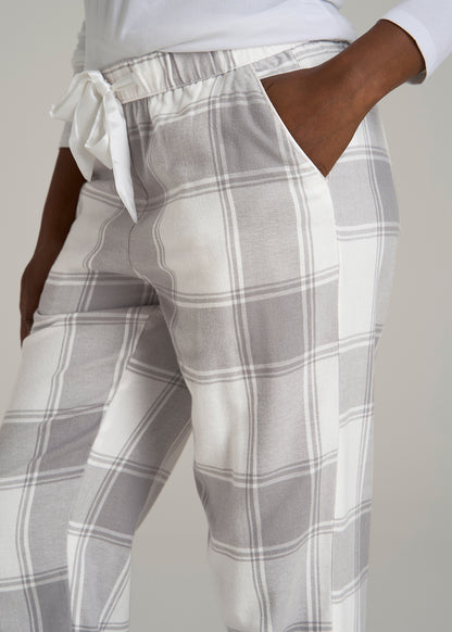 Tie-Waist Flannel Pajama Pants for Tall Women in White and Grey Plaid