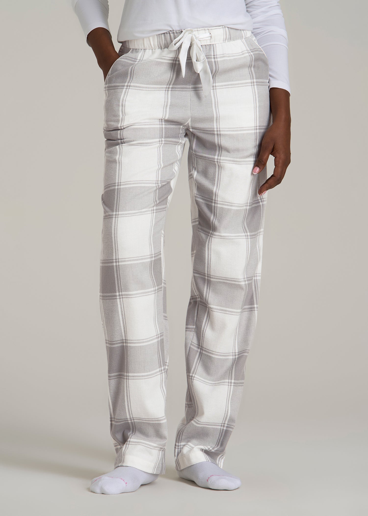 Tie-Waist Flannel Pajama Pants for Tall Women in White and Grey Plaid