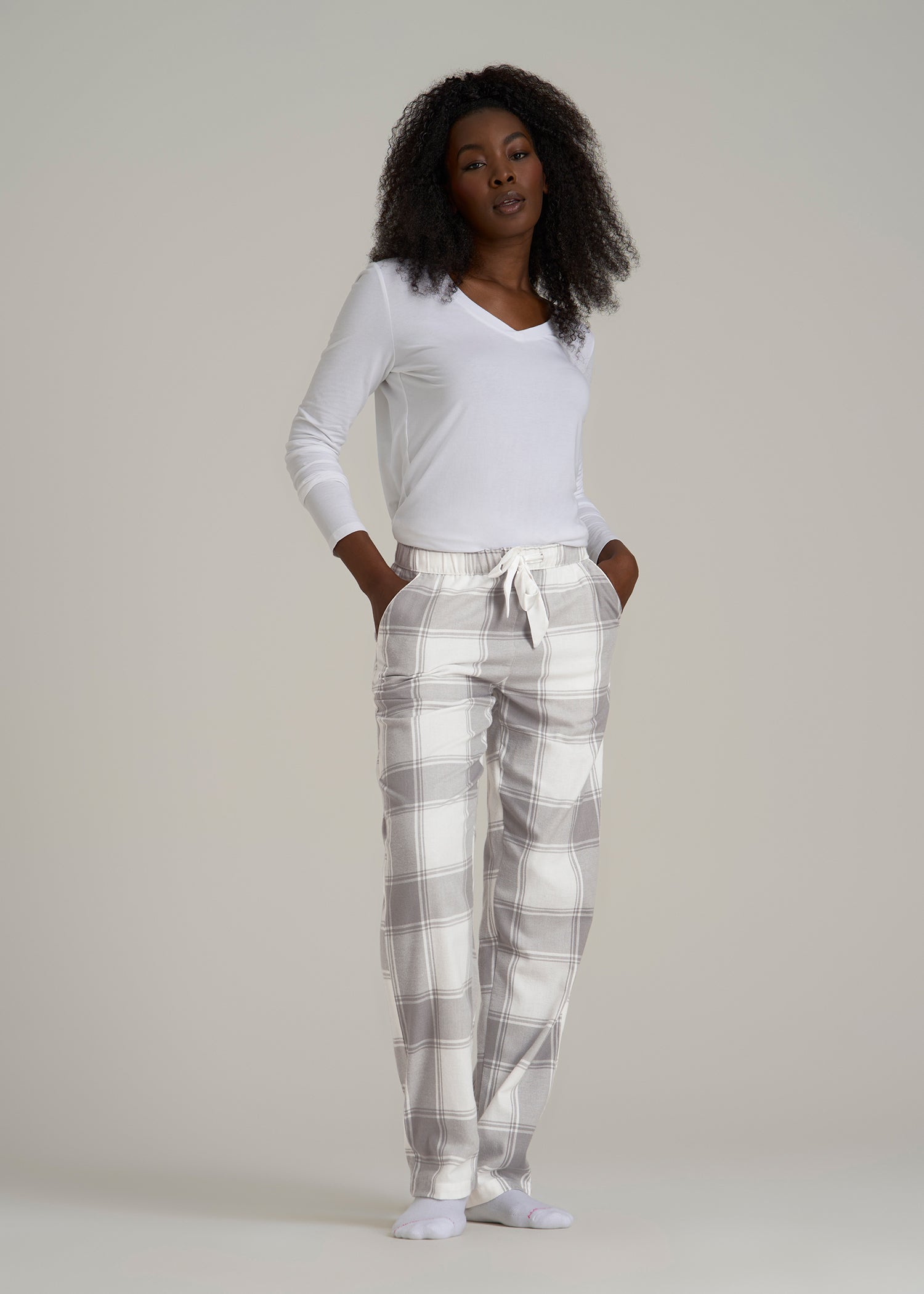 Tie-Waist Flannel Pajama Pants for Tall Women in White and Grey Plaid