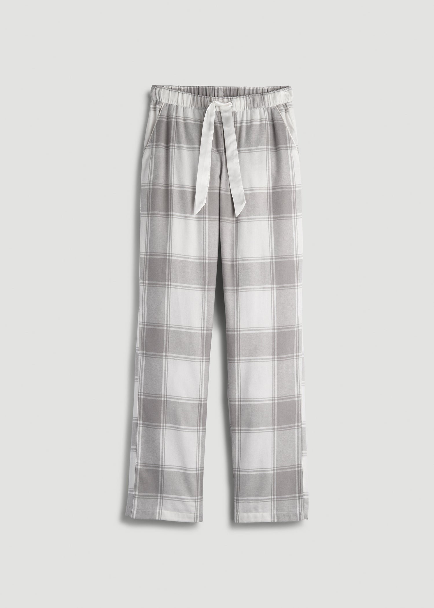 Tie-Waist Flannel Pajama Pants for Tall Women in White and Grey Plaid