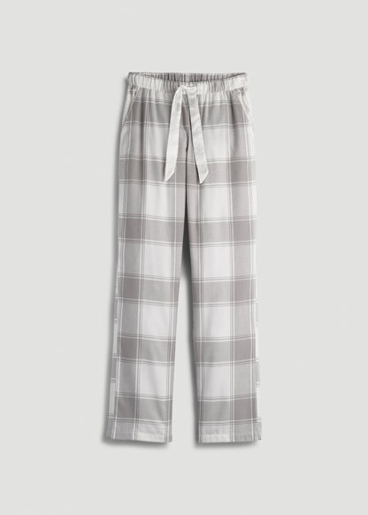 Tie-Waist Flannel Pajama Pants for Tall Women in White and Grey Plaid