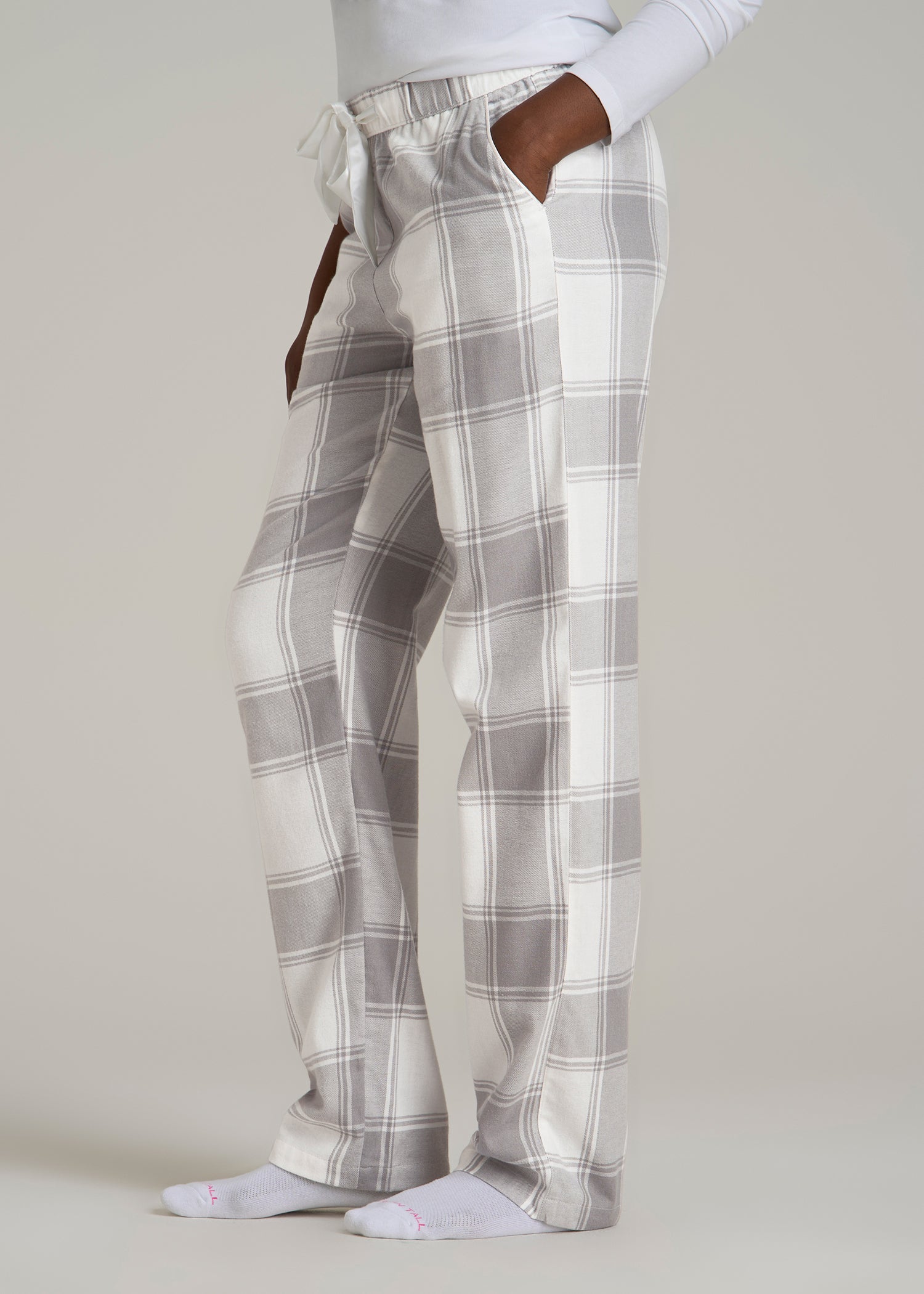 Tie-Waist Flannel Pajama Pants for Tall Women in White and Grey Plaid