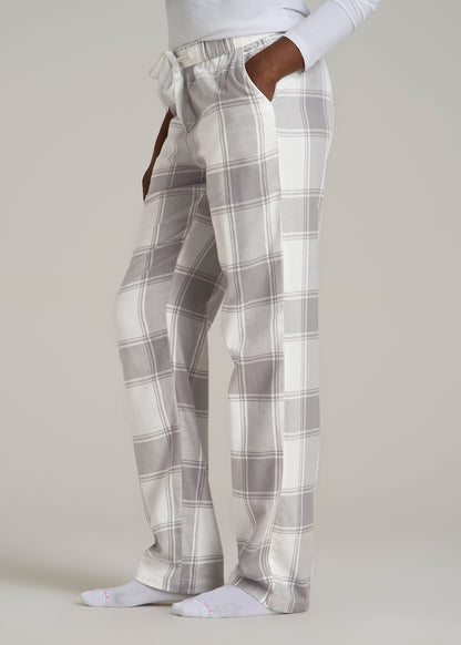 Tie-Waist Flannel Pajama Pants for Tall Women in White and Grey Plaid
