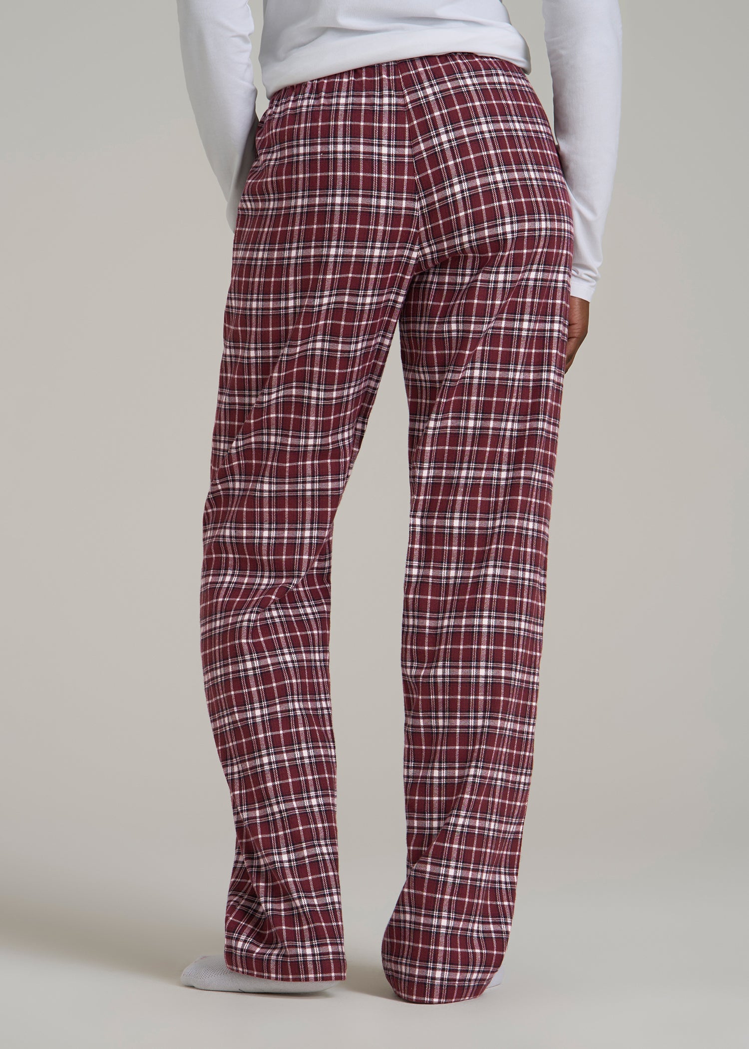 Tie Waist Flannel Pajama Pants for Tall Women in Wine and Grey Lilac Plaid
