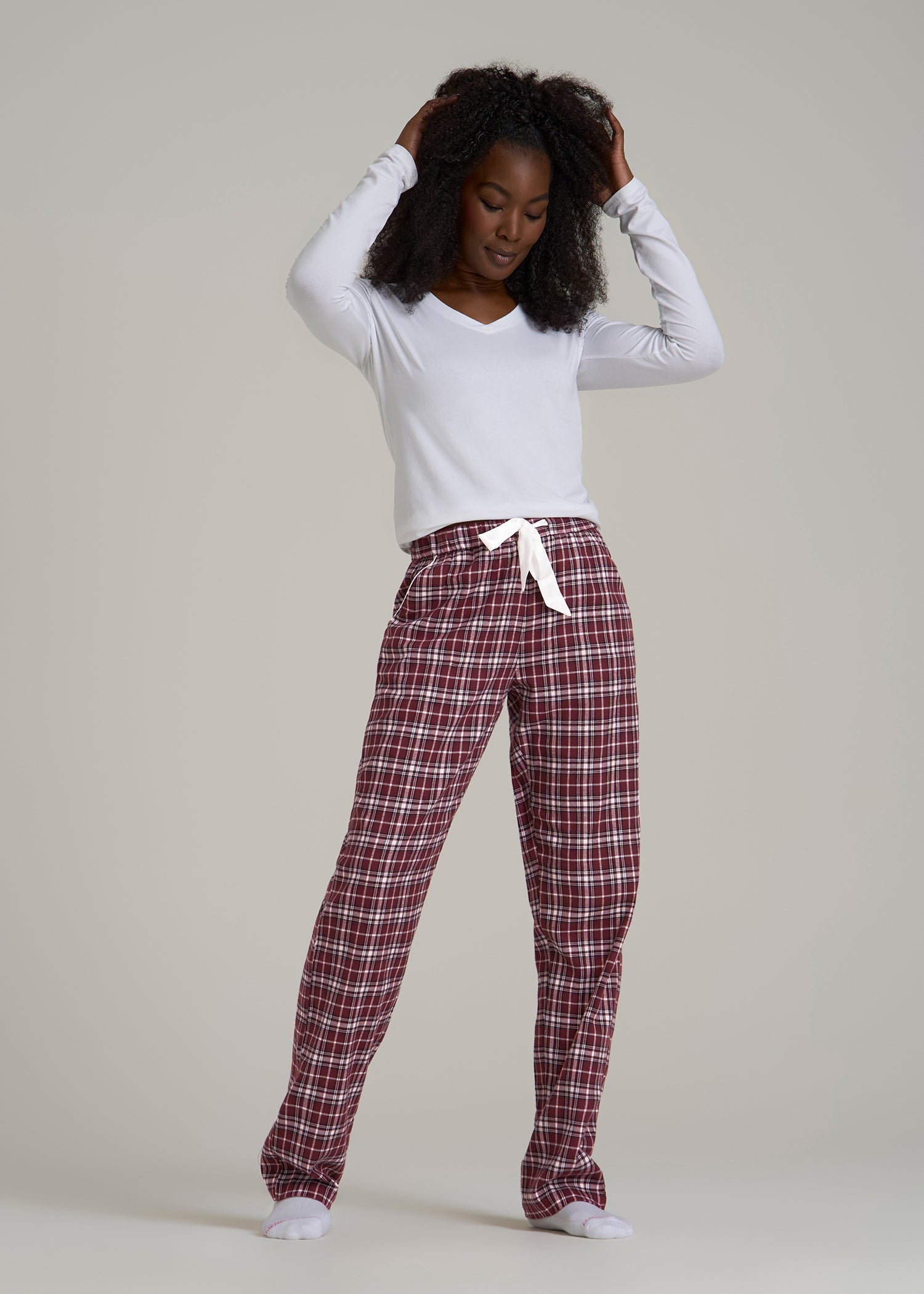 Tie Waist Flannel Pajama Pants for Tall Women in Wine and Grey Lilac Plaid