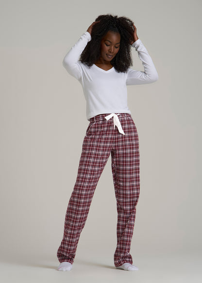 Tie Waist Flannel Pajama Pants for Tall Women in Wine and Grey Lilac Plaid