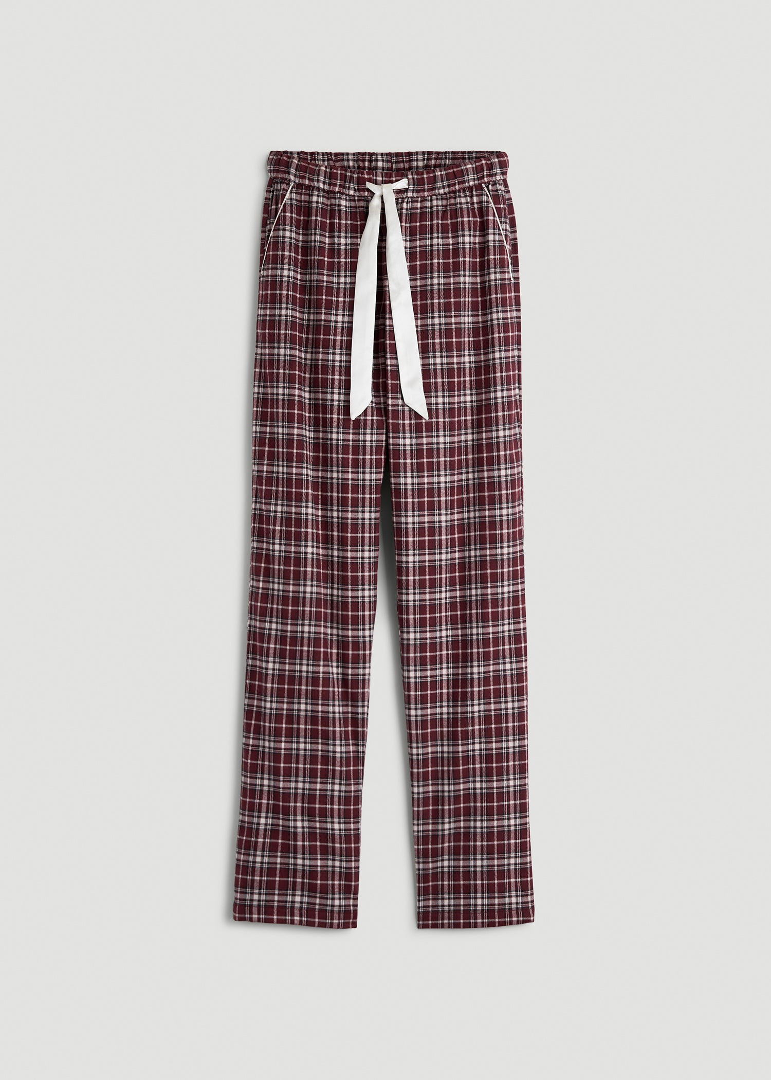Tie Waist Flannel Pajama Pants for Tall Women in Wine and Grey Lilac Plaid